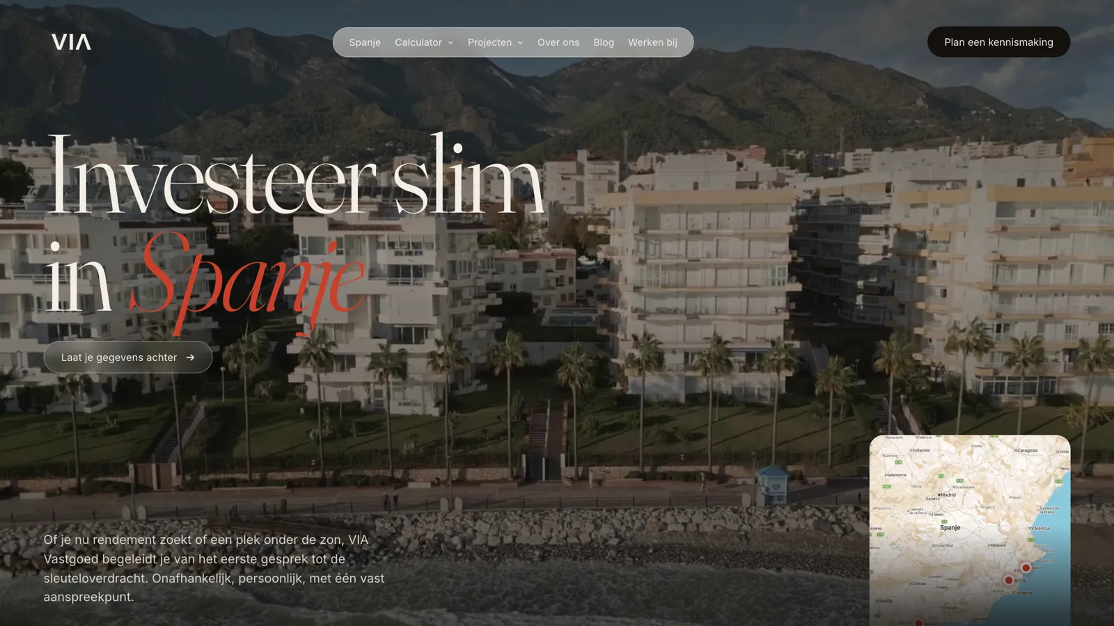 VIA Vastgoed website: nieuwe homepage met kaart van Spanje in de hero